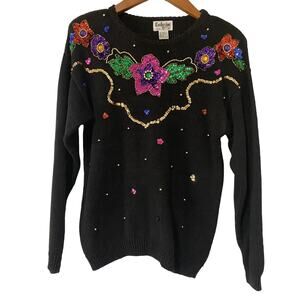 Vintage Exclusive Imports Sweater Women’s Medium Bright Sequin Flowers & Beads